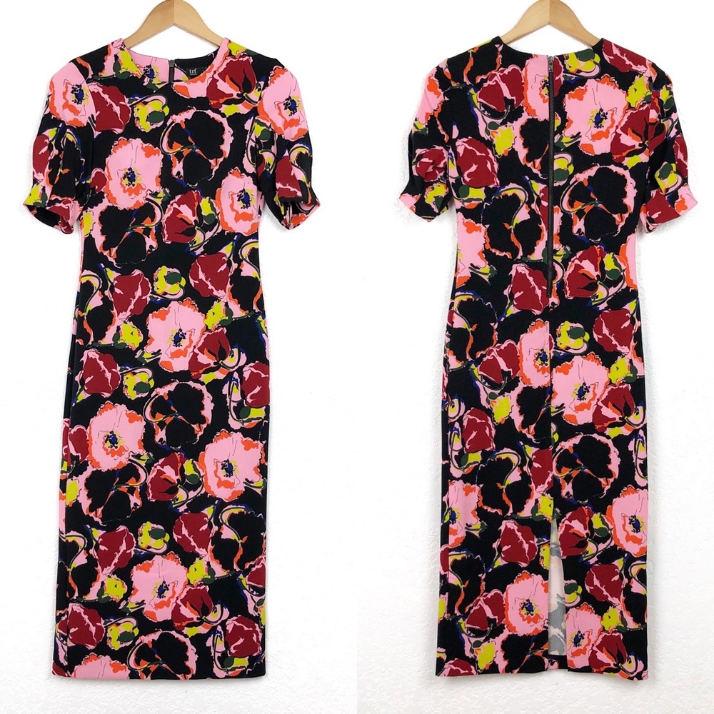 ZARA TRF Tall Sheath Sleeved Dress Black Pink XS
